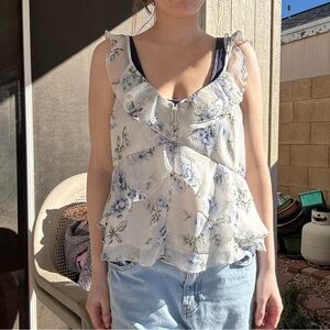 Abercrombie & Fitch Floral Ruffle Blouse in Blue and White